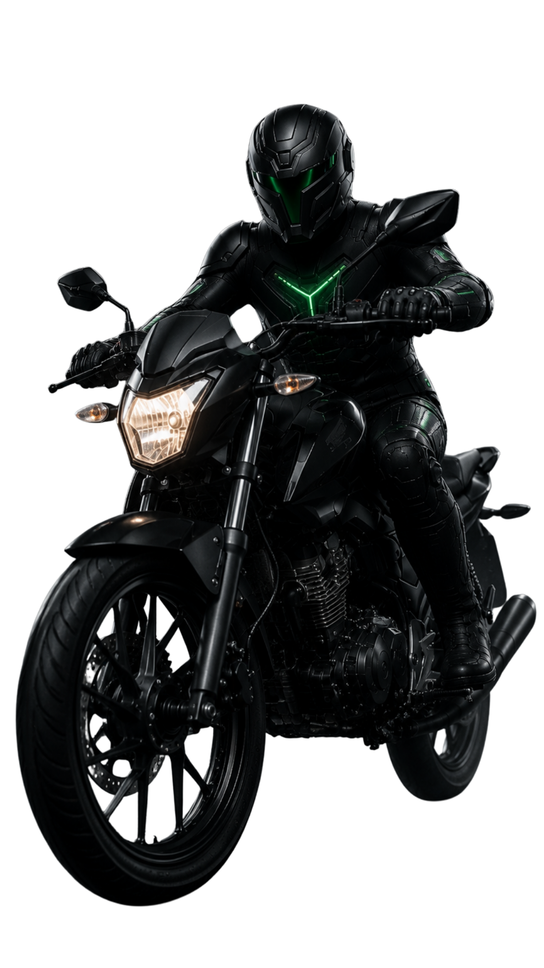 Mascote Trayx pilotando uma motocicleta preta com farol aceso